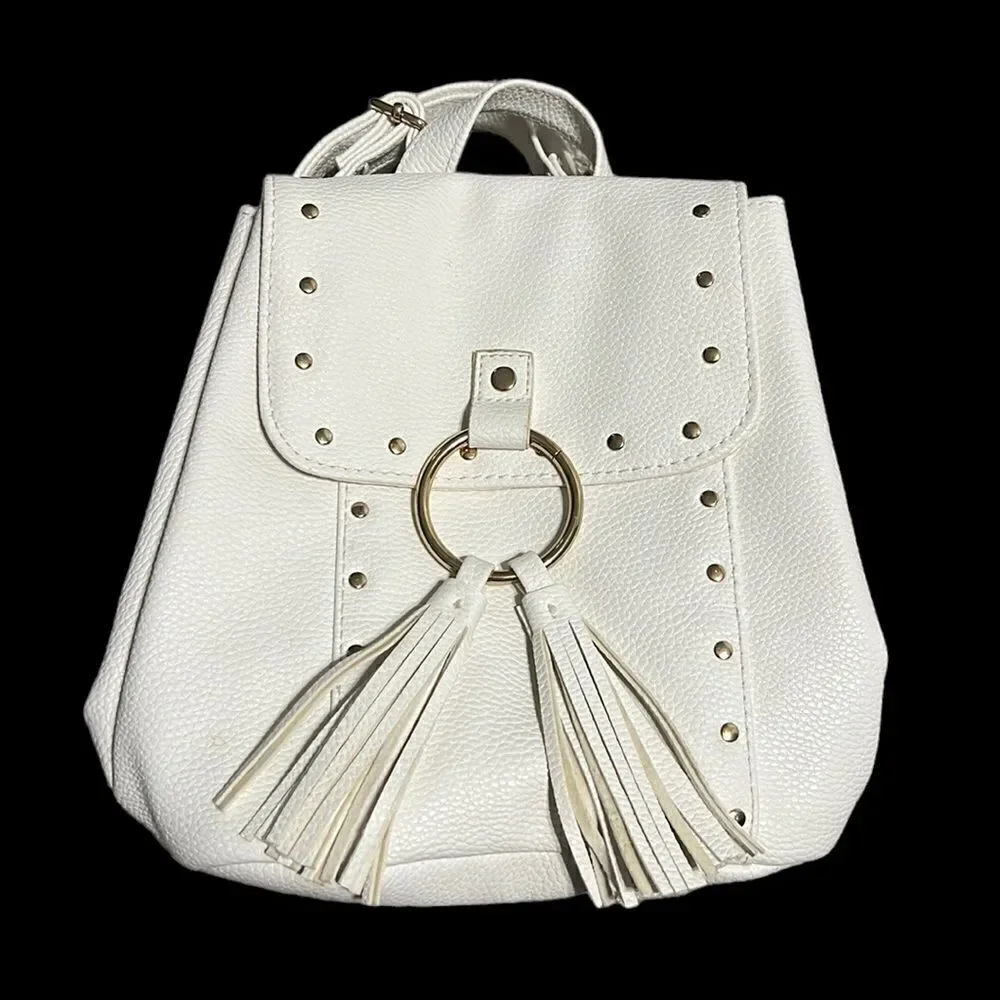 Justice Mini Backpack White Faux Leather Pebbled Tassels Adjustable Straps